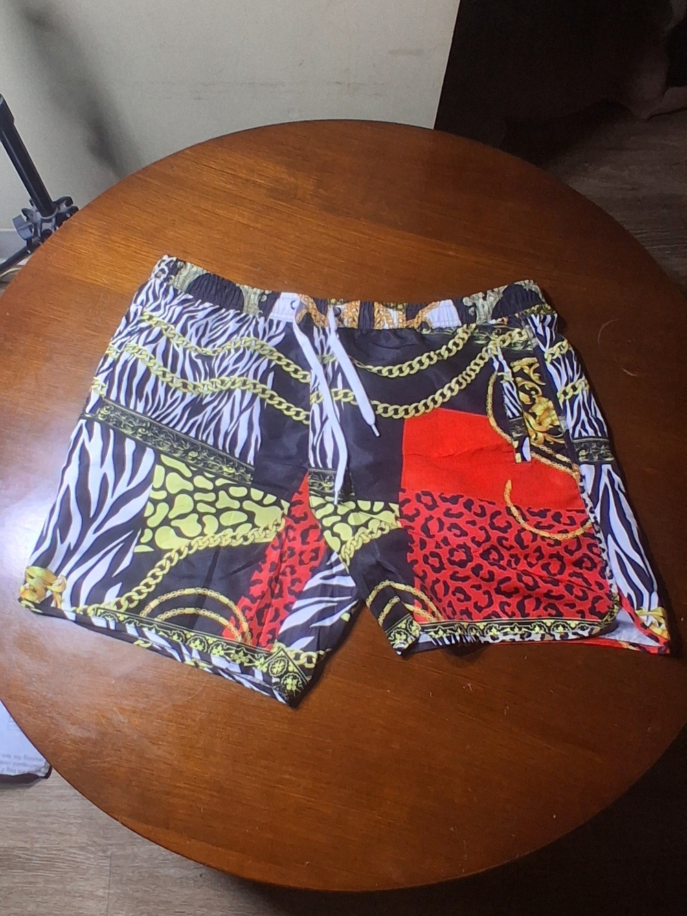 Fashion Nova Red, Yellow & Black Patterned Swim Trunks